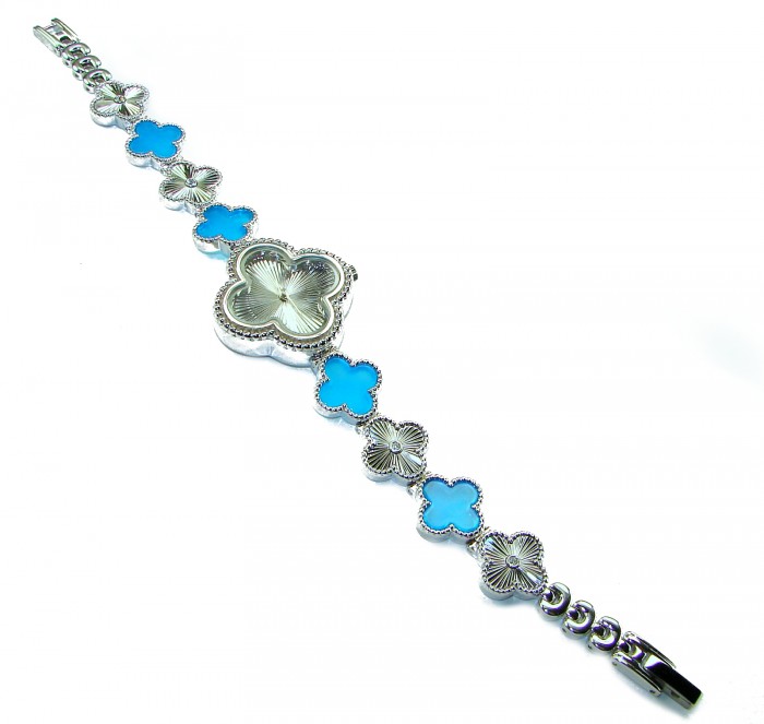 Precious Authentic inlay BLUE TOPAZ .925 Sterling Silver handmade Bracelet Watch - Blue topaz bracelet inlay, top view with intricate details.