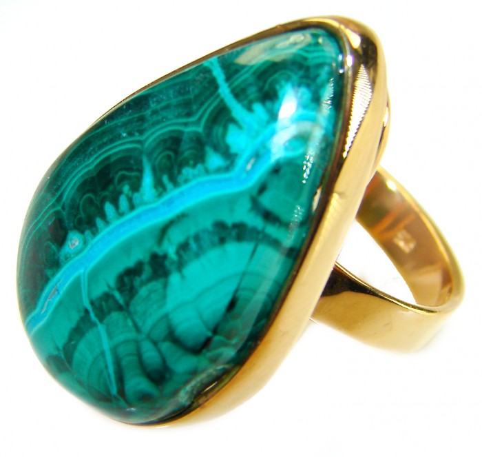 Amazonia 24.5 CARAT genuine Malachite from Ural .925 Sterling Silver dipped in 18K ROSE GOLD handcrafted ring size 7 adjustable - Close-up of Amazonia 24.5 carat Malachite ring with gold setting.