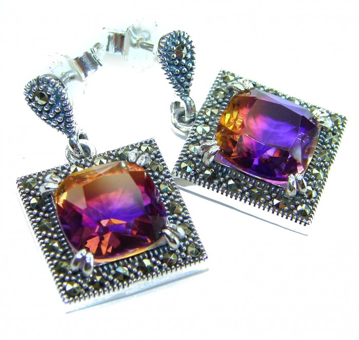 Emma 9.5 carat Ametrine Marcasite .925 Sterling Silver HANDCRAFTED Earrings - Ametrine earrings close-up, marcasite border, sterling silver setting.