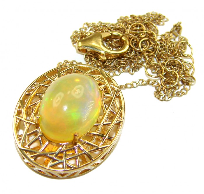 Earth Treasure Authentic 16.8 carat Golden Ethiopian Opal 22K Gold over .925 Sterling Silver handcrafted Statament Necklace - Golden Ethiopian Opal pendant with chain, front view close-up.