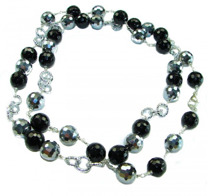 34 inches authentic Onyx 14K Gold over .925 Sterling Silver handmade Station Necklace - Faceted onyx necklace, angled view showing linked silver and gold accents