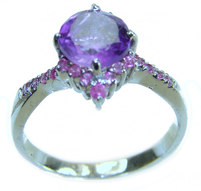 Purple Royalty 4.5 carat Amethyst .925 Sterling Silver Handcrafted Ring size 9 - Side view of amethyst ring in sterling silver with pink accents