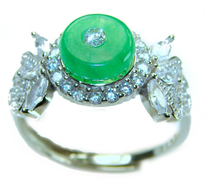 Good Fortune - Vintage Style 4.9 carat Jade .925 Sterling Silver handmade Cocktail Ring s. 7 adjustable - Vintage-style jade and diamond ring close-up, top view.