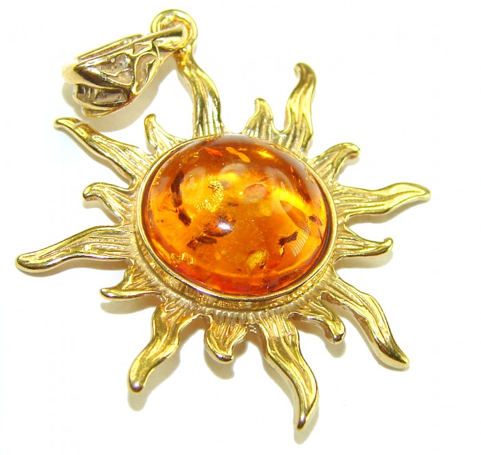Bright Sun Baltic Polish Amber 22K Gold over .925 Sterling Silver handcrafted Pendant - Sun-shaped amber pendant, front view, gold detailing.