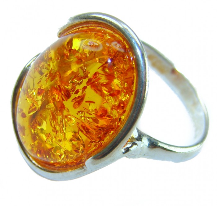 Beauty of the Sea - Natural Baltic Amber .925 Sterling Silver handcrafted ring; s. 7 adjustable - Close-up of silver ring with natural Baltic amber stone.