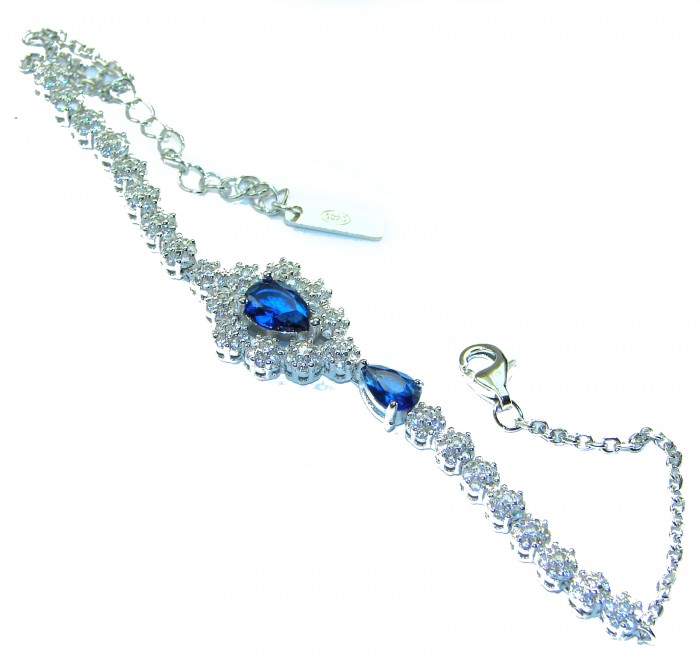 Born to Glam 4.2 carat natural Sapphire .925 Sterling Silver Perfectly handcrafted Statement Bracelet - Sapphire bracelet, top view, showing stones and clasp detail.
