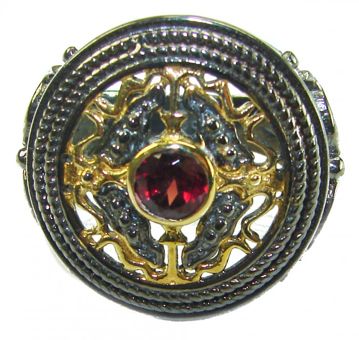 Natural 1.9 carat Magic Garnet black rhodium 14K Gold over .925 Sterling Silver handmade Large ring size 7 1/2 - Close-up of ornate 1.9 carat Magic Garnet ring in black rhodium and gold.