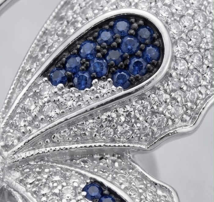 Precious Butterfly Genuine 10.5 carat Sapphire .925 Sterling Silver handmade LARGE Statement Ring size 7 1/2 - Close-up of sapphire and diamond butterfly jewelry detailing.