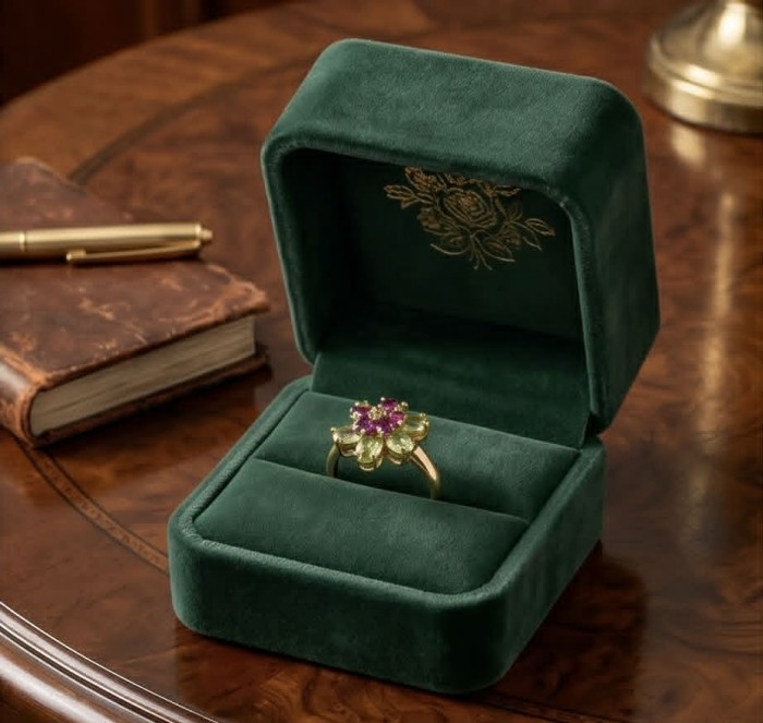 Authentic 8.9 carat Peridot 18K Gold over .925 Sterling Silver handmade Ring s. 6 - Ring in green velvet box on wooden table, top view
