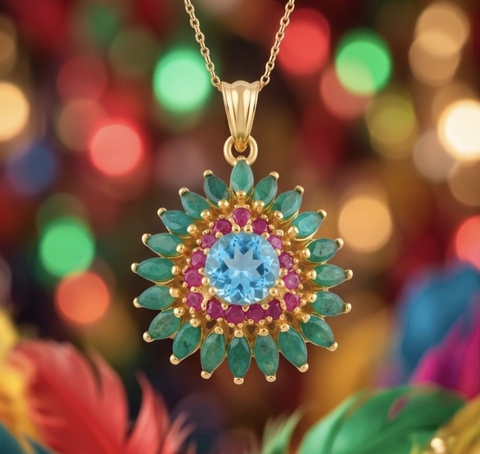 Eau Pure 4.9 carat Swiss Blue Topaz .925 Sterling Silver dipped in 18K Gold Handcrafted Pendant - Close-up of colorful gemstone pendant with blue topaz and vibrant background.