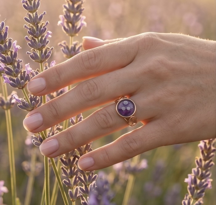 Purple Royalty 20.5 carat Amethyst 18K Gold over .925 Sterling Silver Handcrafted Ring size 8 - Worn on hand, Purple Royalty amethyst ring in lavender field background.