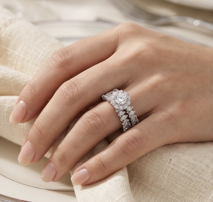 Aphrodite - 5.8 carat White Topaz .925 Sterling Silver handcrafted stack up ring size 8 - 5.8 carat white topaz ring in silver, worn on hand, top view.