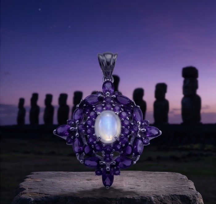 Genuine 5.2 carat Pink Fire Moonstone .925 Sterling Silver handcrafted pendant - Close-up of moonstone pendant with amethyst at sunset, statues in background.