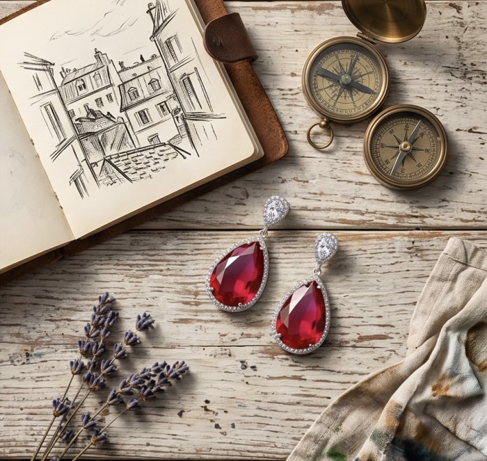 Magnificent Jewel 10.5 carat Ruby .925 Sterling Silver handcrafted incredible earrings - Earrings on wood with sketchbook and compass, top view.