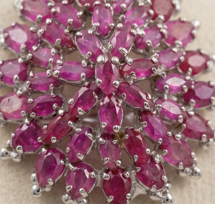 Rare 22.2 carat authentic Kashmir Ruby rhodium over .925 Sterling Silver handmade Statement Pendant - Close-up of 22.2 carat Kashmir Ruby cluster in rhodium setting.