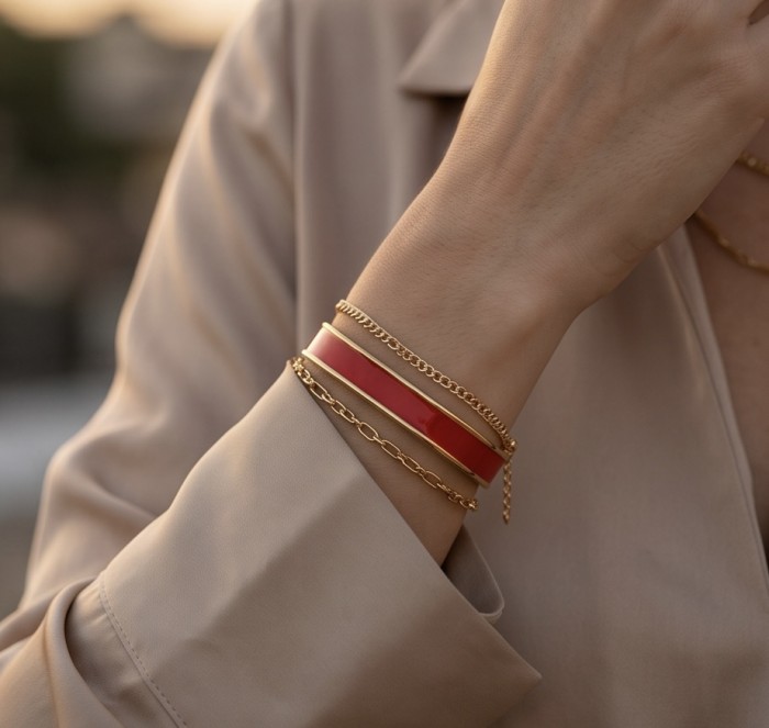 Lovely Red Enamel Vintage style Luxurious Golden Hinge Bangle Bracelet - photo 1