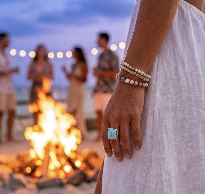 20.8 carat Blue Perfection natural Larimar .925 Sterling Silver handmade ring size 8 adjustable - Larimar ring on hand, beach bonfire background.