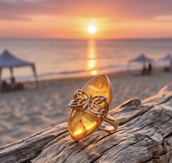 Vintage Style Authentic Golden Butterscotch Baltic Amber 18K Gold over .925 Sterling Silver entirely handcrafted ring; s. 8 - Close-up of vintage golden amber ring with butterfly design on beach.