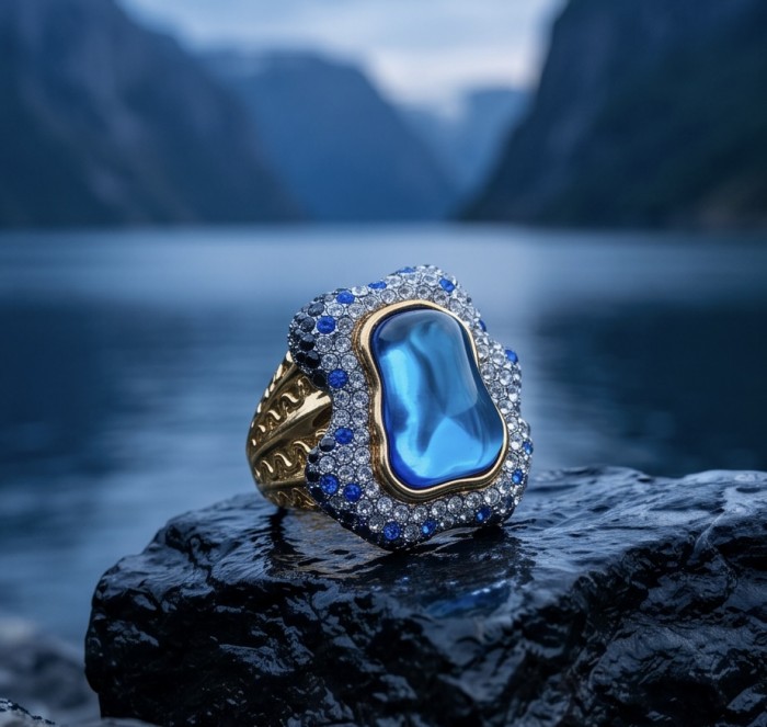 Blue Rhapsody - 18.5 carat natural Swiss Blue Topaz .925 Sterling Silver dipped in 22K Gold handcrafted Large Statement Ring size 7 1/2 - Close-up of Blue Rhapsody ring with Swiss Blue Topaz stones on rock.