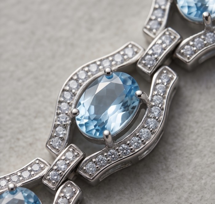 Oceansite - Magnificent 42.5 carat Swiss Blue Topaz .925 Sterling Silver handcrafted Heavy Bracelet - Close-up of Swiss Blue Topaz with diamond accents in silver setting.