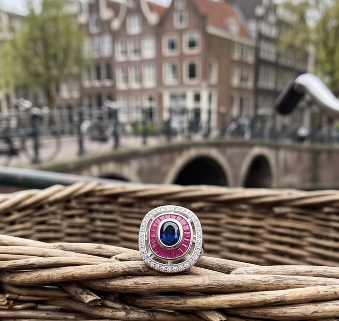 Art Deco 8.6 ctw Sapphire Emerald .925 Sterling Silver handcrafted Statement Ring size 7 1/2 - Sapphire and diamond ring close-up on wicker basket with canal backdrop.