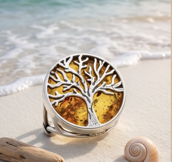 Family Tree Authentic Baltic Amber .925 Sterling Silver handcrafted ring s. 6 3/4 - Family Tree Baltic Amber Silver Ring on beach with shell and driftwood