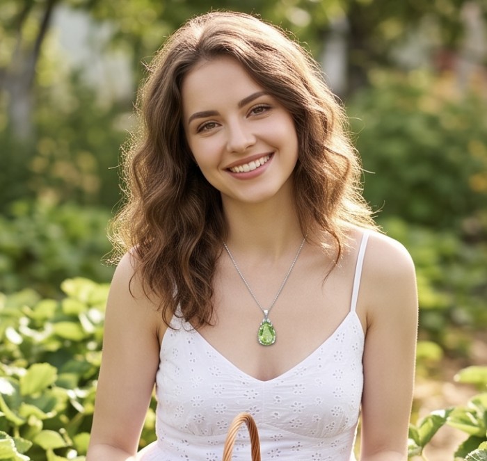 Rare - 8.5 carat Yellow-Green Tourmaline .925 Sterling Silver handmade Pendant - Woman wearing Rare 8.5 carat Yellow-Green Tourmaline necklace outdoors.