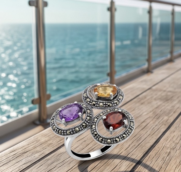 Vintage style Authentic 7.4 carat Multigem .925 Sterling Silver brilliantly handcrafted Statement Ring size 9 - Close-up of vintage multigem sterling silver ring on deck background.