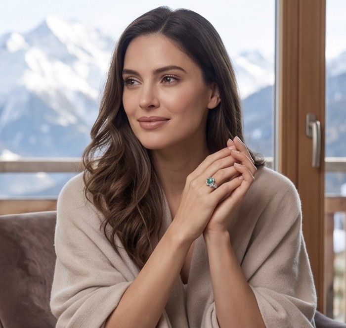 WONDERLAND 4.8 carat Paraiba Tourmaline .925 Sterling Silver Handcrafted Ring size 8 1/4 - Woman wearing Paraiba Tourmaline ring, hands clasped, mountain view background.