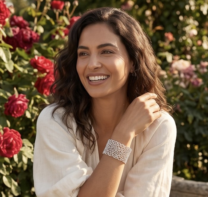 Dolce Vita - Precious Natural 12.5 carat pave White Topaz rhodium over .925 Sterling Silver handcrafted bracelet - Woman wearing Dolce Vita White Topaz bracelet among roses.
