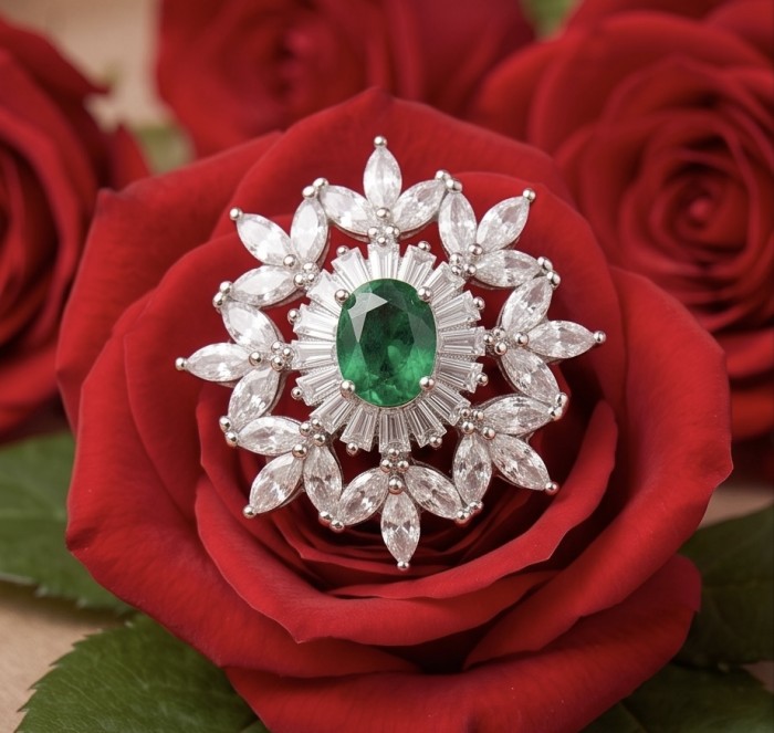 Ofelia - Authentic 5.5 CARAT natural Colombian Emerald .925 Sterling Silver dipped in rhodium handcrafted Ring size 8 - Close-up of Ofelia emerald ring on red roses, showcasing the stone and setting.