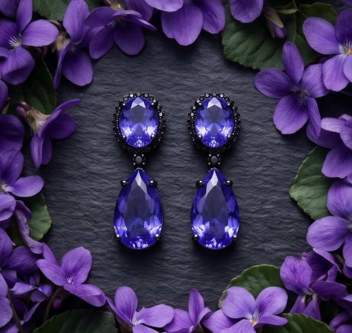 Giovanna - Authentic oval cut18.8 carat Tanzanite black rhodium over .925 Sterling Silver handcrafted earrings - Tanzanite earrings front view surrounded by purple flowers