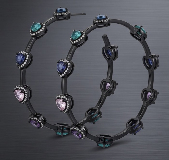Extravaganza authentic inside-out 10.5 carat Multicolor Sapphire black rhodium over .925 Sterling Silver Handcrafted Hoop Earrings - Side view of extravagant hoop earrings with multicolor sapphires