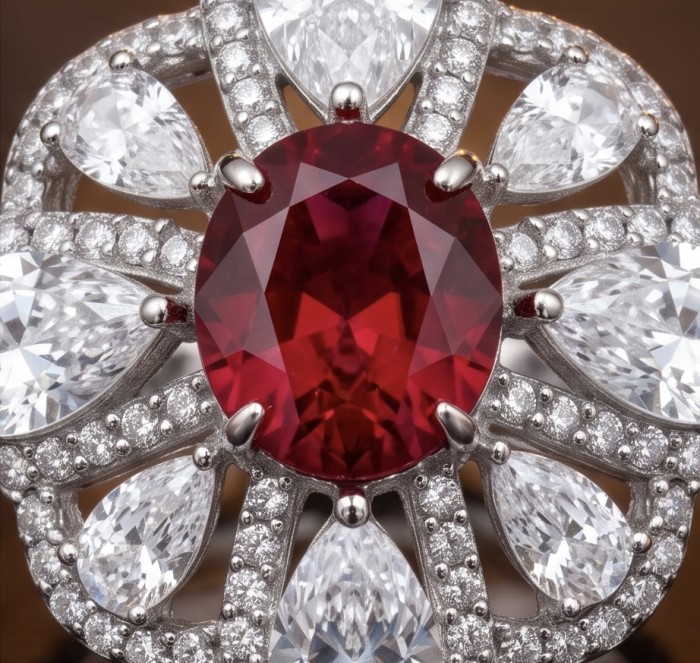 Exquisite 8.5 ctw Mozambique Ruby .925 Sterling Silver handcrafted Statement Ring size 7 - Close-up of Mozambique ruby ring with diamond accents in sterling silver.