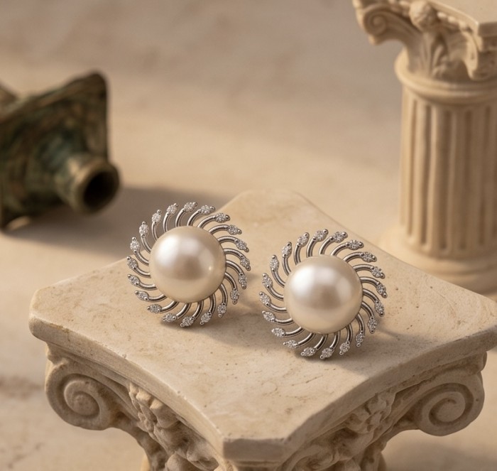 Genuine Pearl .925 Sterling Silver dipped in rhodium handcrafted Statement Earrings - Pearl earrings on pedestal, front view, sterling silver in rhodium finish