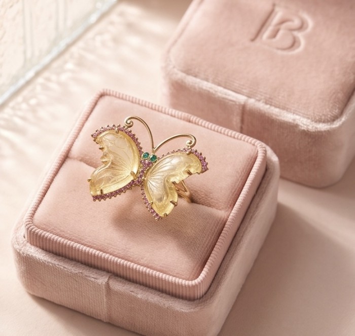 RARE BUTTERFLY Authentic 8.5 carat CARVED Brazilian Citrine .925 Sterling Silver brilliantly dipped in 18k Gold handcrafted Statement ring; s. 9 - Butterfly ring with citrine, top view in pink velvet box.