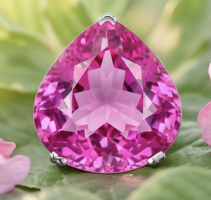 Incredible pear cut 20.2 carat Pink Sapphire .925 Sterling Silver handcrafted pendant - Close-up of a pear-cut pink sapphire set in .925 sterling silver.