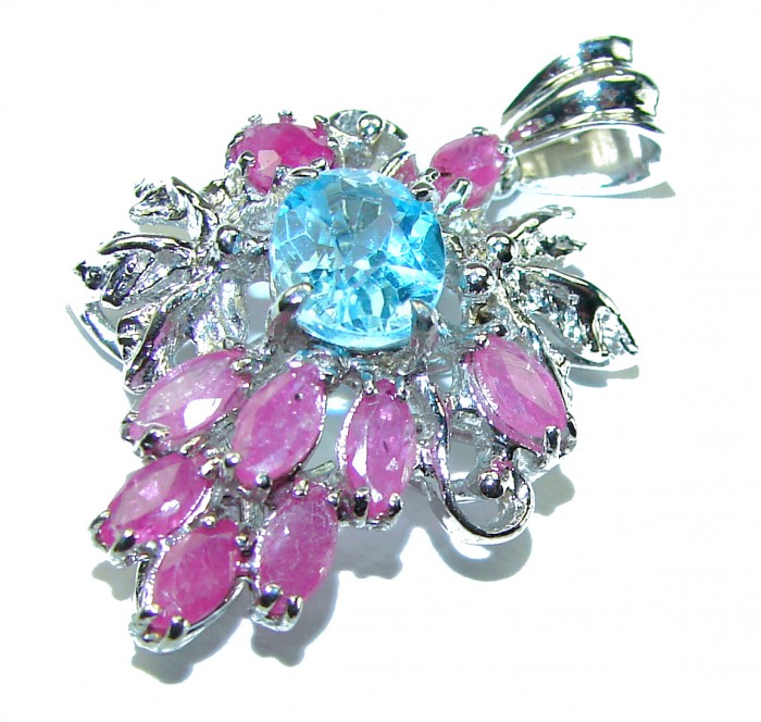 Precious Treasure 8.5 carat Swiss Blue Topaz Ruby .925 Sterling Silver handmade Pendant - photo 3