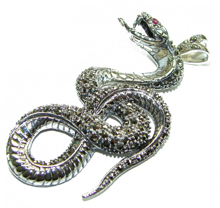 Large 2 1/2 inches long Cobra Snake genuine Marcasite .925 Sterling Silver handmade Pendant Brooch - photo 2
