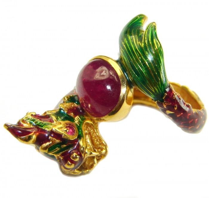 Dragon - symbolizes supernatural power- Enamel Ruby 18K Gold over .925 Sterling Silver Huge handcrafted Ring s. 8 - photo 1