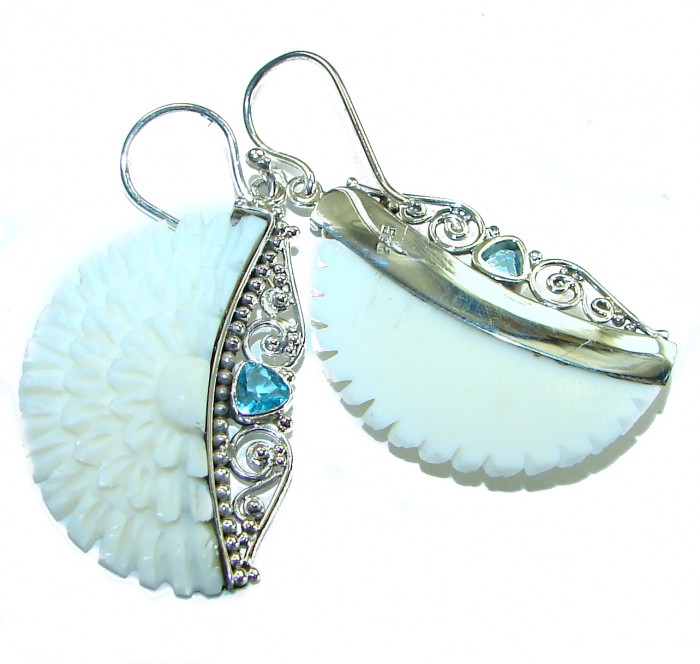 Bli made carved ox's Bone Swiss .925 Sterling Silver handcrafted earrings - photo 2