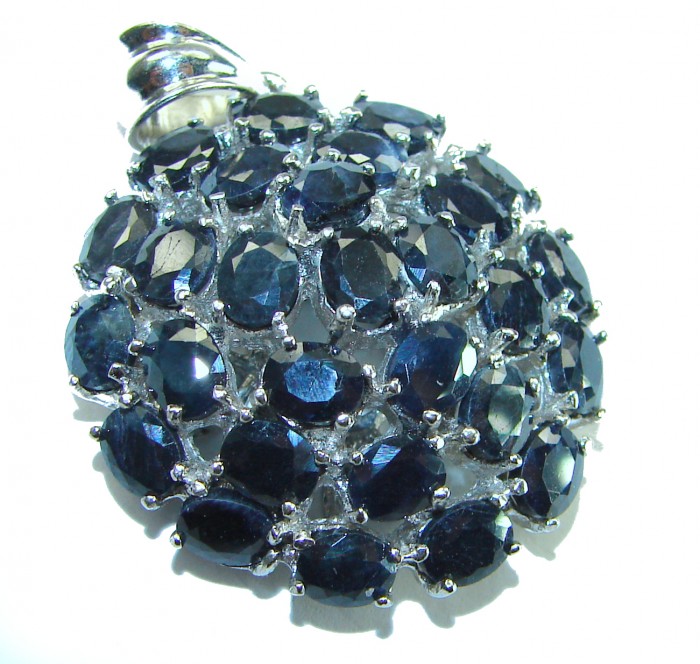 Penelope Authentic 23.5 carat faceted Sapphire .925 Sterling Silver handcrafted Statement Pendant - Close-up of Penelope 23.5 carat faceted sapphire pendant in sterling silver