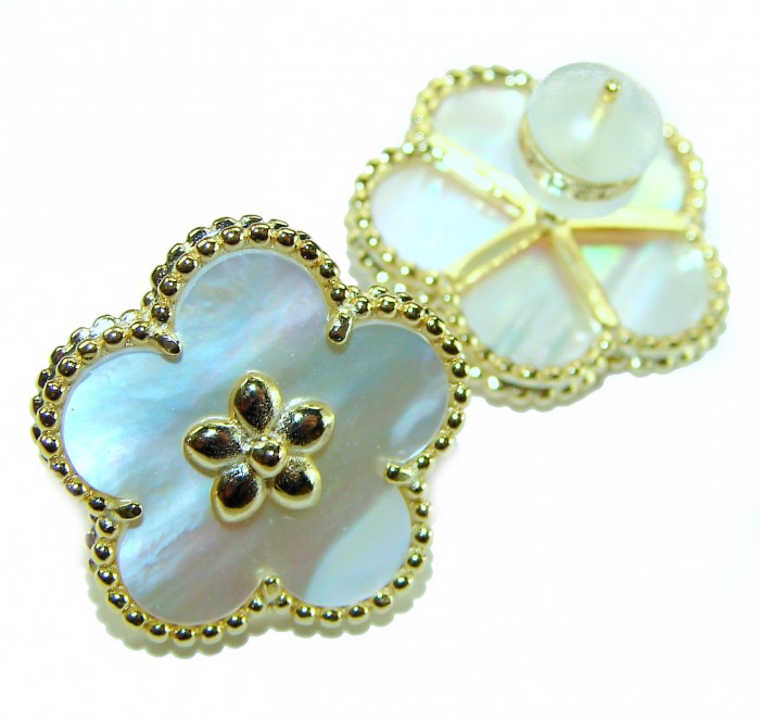 Genuine Blister Pearl 14K Gold over .925 Sterling Silver handcrafted Statement Earrings - Blister pearl earrings with gold trim, front and back view shown.
