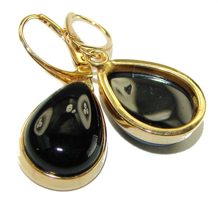 Outstanding authentic Onyx 14K Gold over .925 Sterling Silver Earrings - Close-up of onyx teardrop earrings in 14K gold over sterling silver.