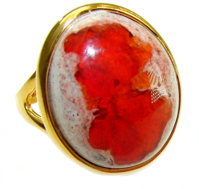Inner Fire best quality 25.4 carat Mexican Opal 18K Gold over .925 Sterling Silver handmade ring 8 1/4 - Mexican Opal 18K Gold ring, close-up of stone, side view