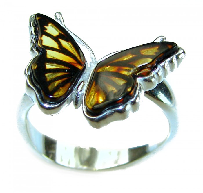 Butterfly Authentic Baltic Amber .925 Sterling Silver handcrafted ring; s. 7 adjustable - Butterfly Baltic amber ring in sterling silver, side view close-up.