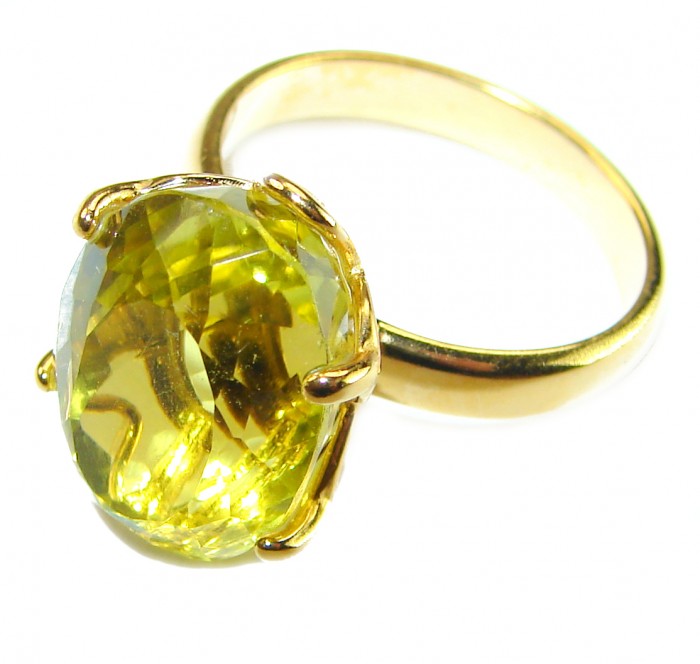 7.8 carat Genuine Lemon Quartz 14K Gold over .925 Sterling Silver handcrafted ring size 7 1/2 - Lemon quartz gold ring with large stone, top view close-up.