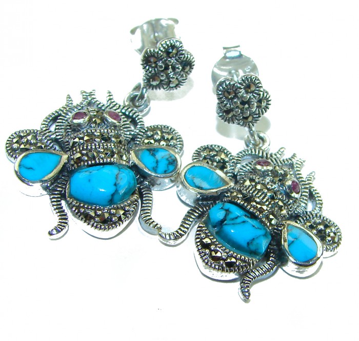 Blue Bees inlay Turquoise Ruby Marcasite .925 Sterling Silver Handcrafted earrings - Turquoise and marcasite bee earrings, top view detail.
