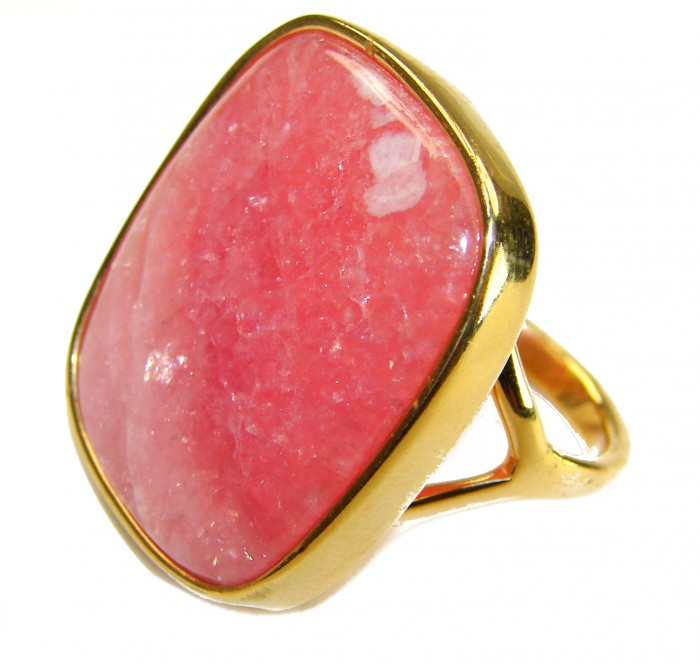 Strawberry Fields - 28.8 CARAT Argentinian Rhodochrosite 18K Gold over .925 Sterling Silver handmade ring size 6 1/2 - Close-up of a gold ring with a large pink Argentinian Rhodochrosite stone.