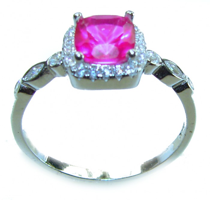 Real Beauty 3.1 carat cushion cut Pink Sapphire .925 Silver handcrafted Cocktail Ring s. 8 1/4 - Side view of silver ring with cushion cut pink sapphire centerpiece